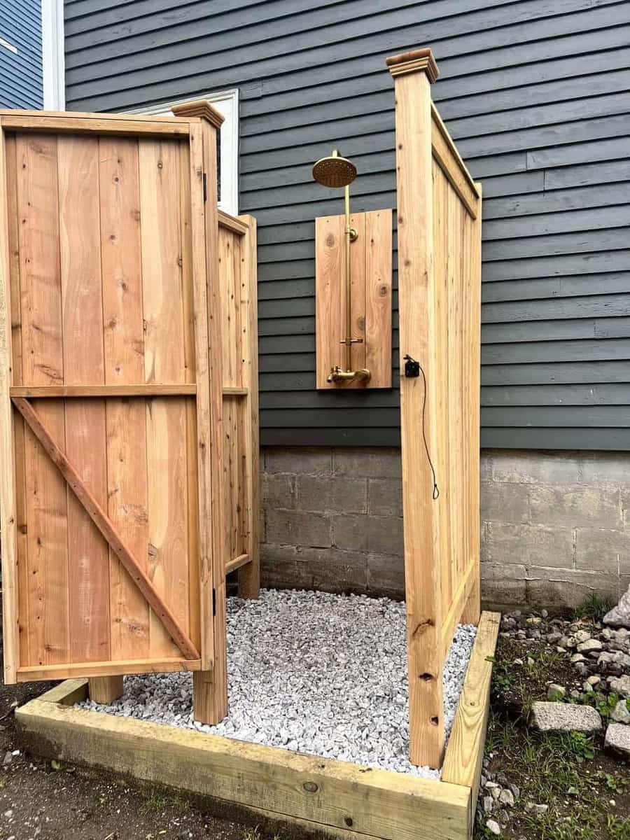 Cedar outdoor shower with hot and cold supply — Precision Plumbing Solutions